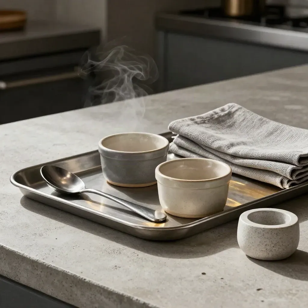Hospitality mise-en-place met lepels, ramekins en stoom op licht beton.