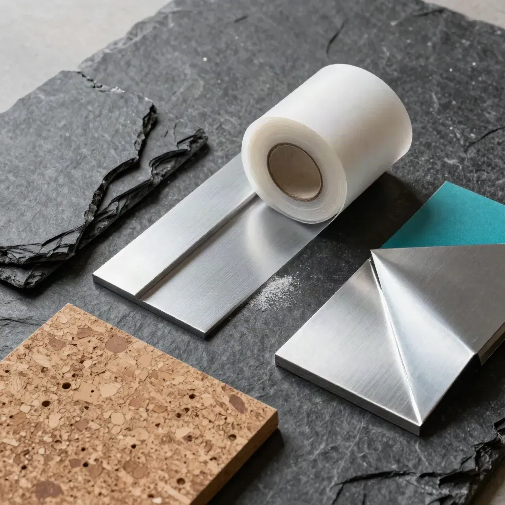 Architectensamples op donkere steen met leisteen, staal, kurk en tracingpapier.