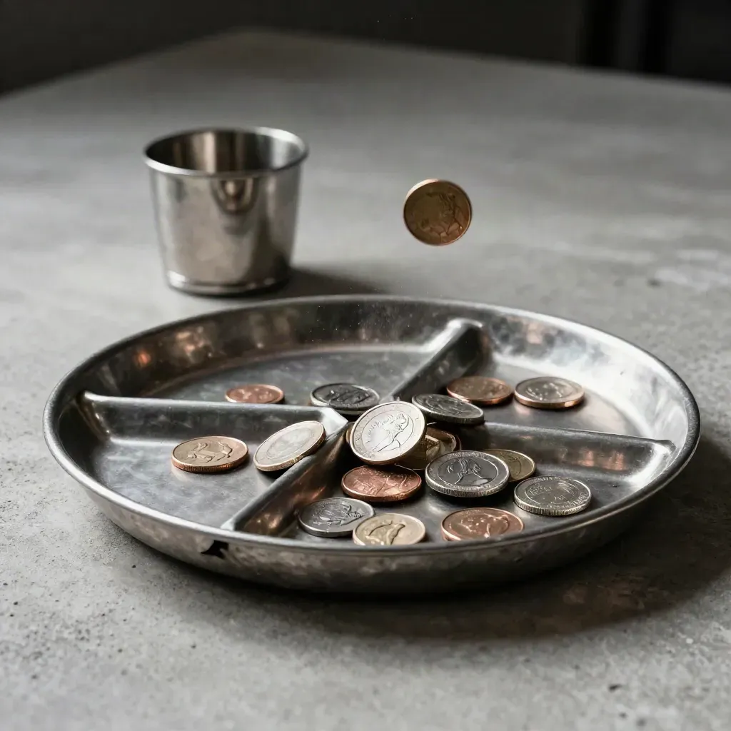 Metalen uitgavenbak met munten en twee donkere schijven op licht beton.