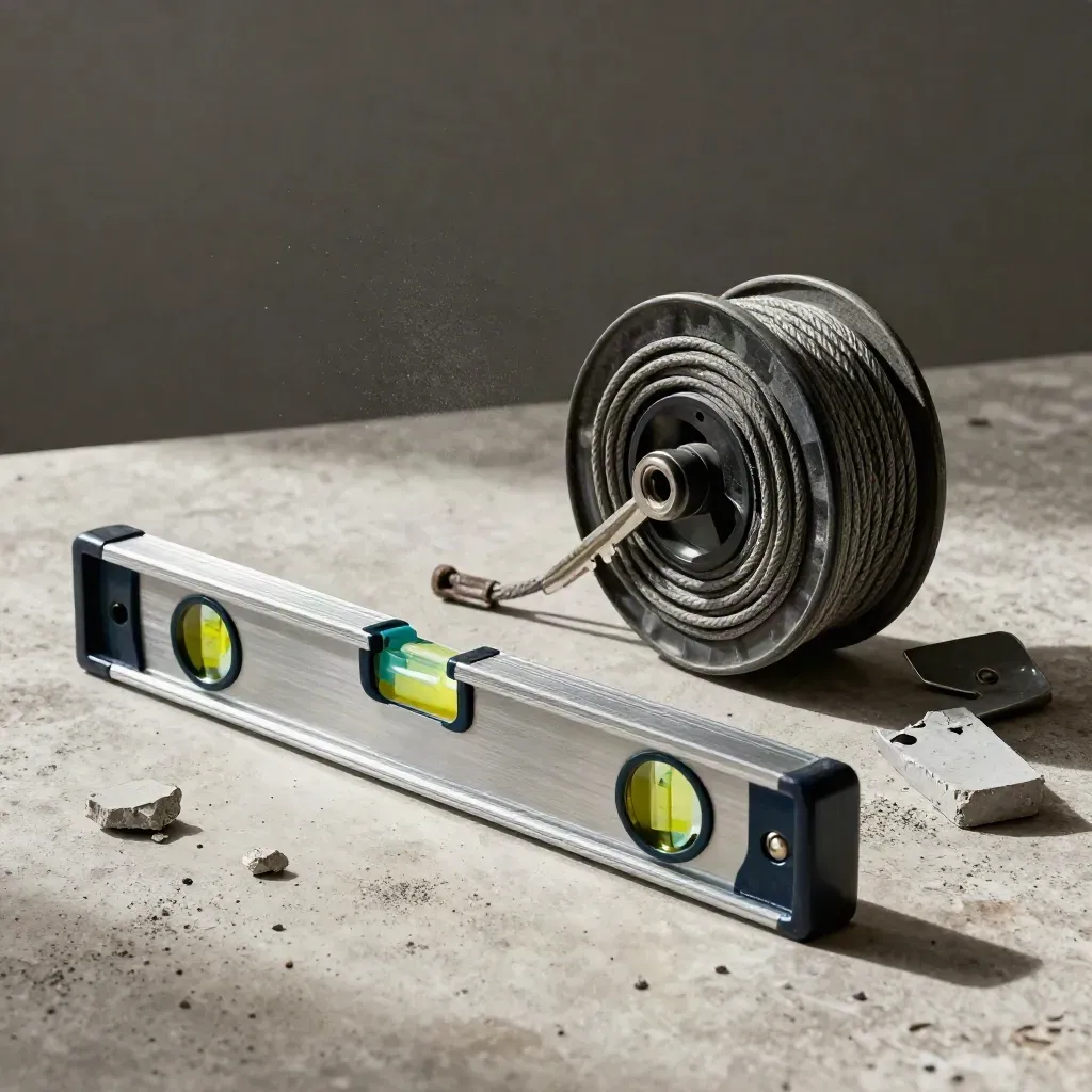 Stilleven van meetgereedschap op een minerale ondergrond met stof en zachte schaduw.