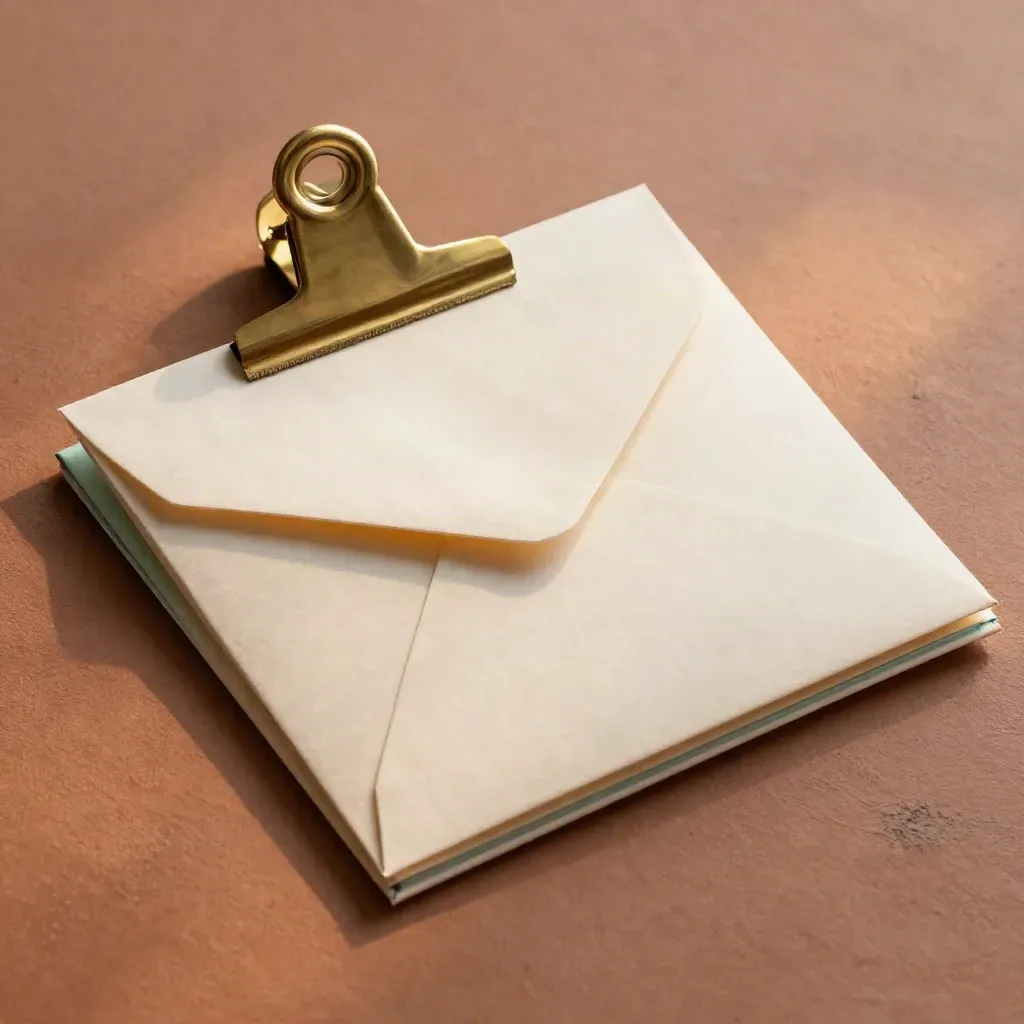 Drie payroll-enveloppen met messing clip en smalle kaarthouder op terracotta ondergrond.