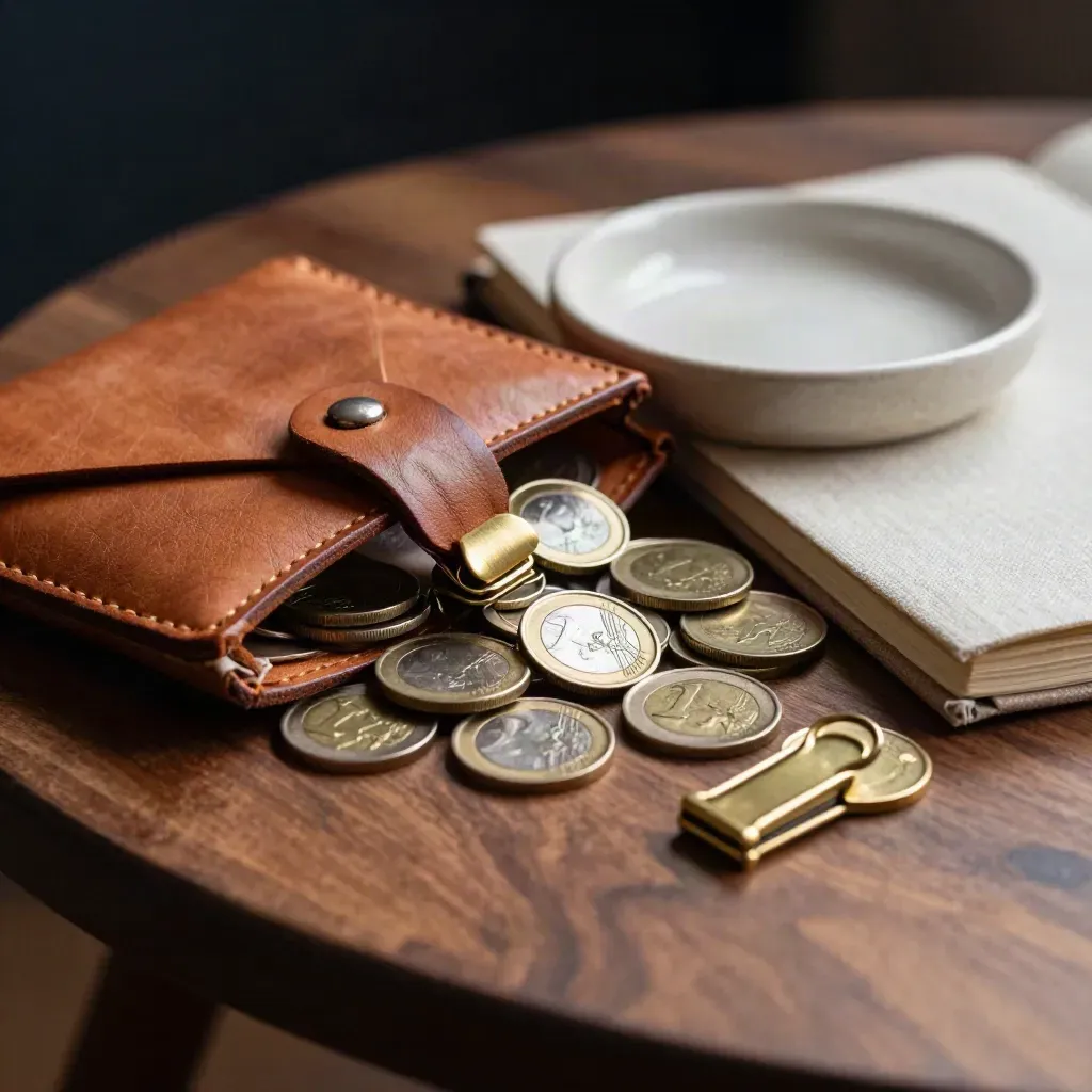 Macro stilleven van leren geldmap, muntschaal, koperen clips en gesloten notitieboek op walnoot.