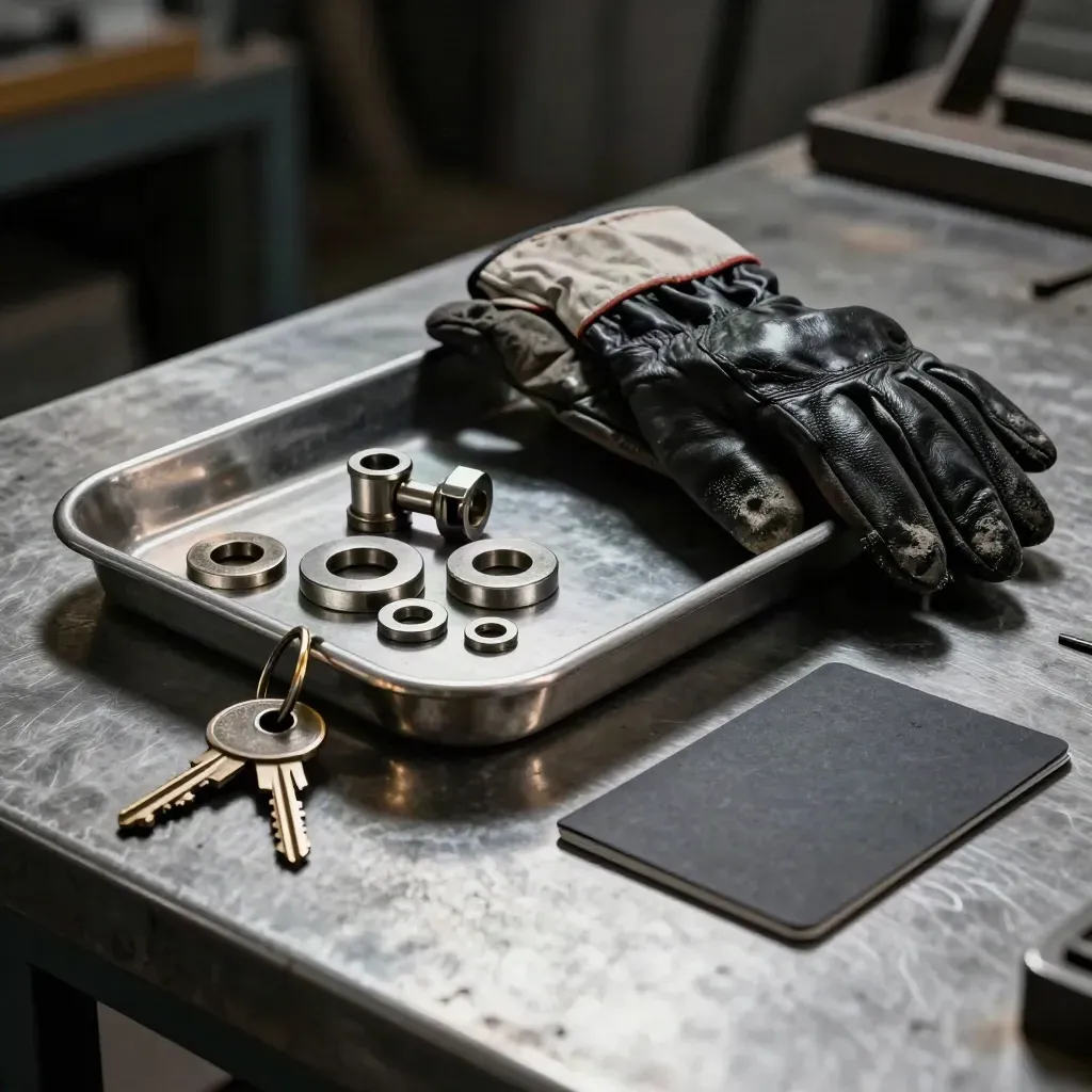 Werkbench met stalen onderdelenbak, handschoenen, sleutelring en kaarthoes in warm goudlicht.