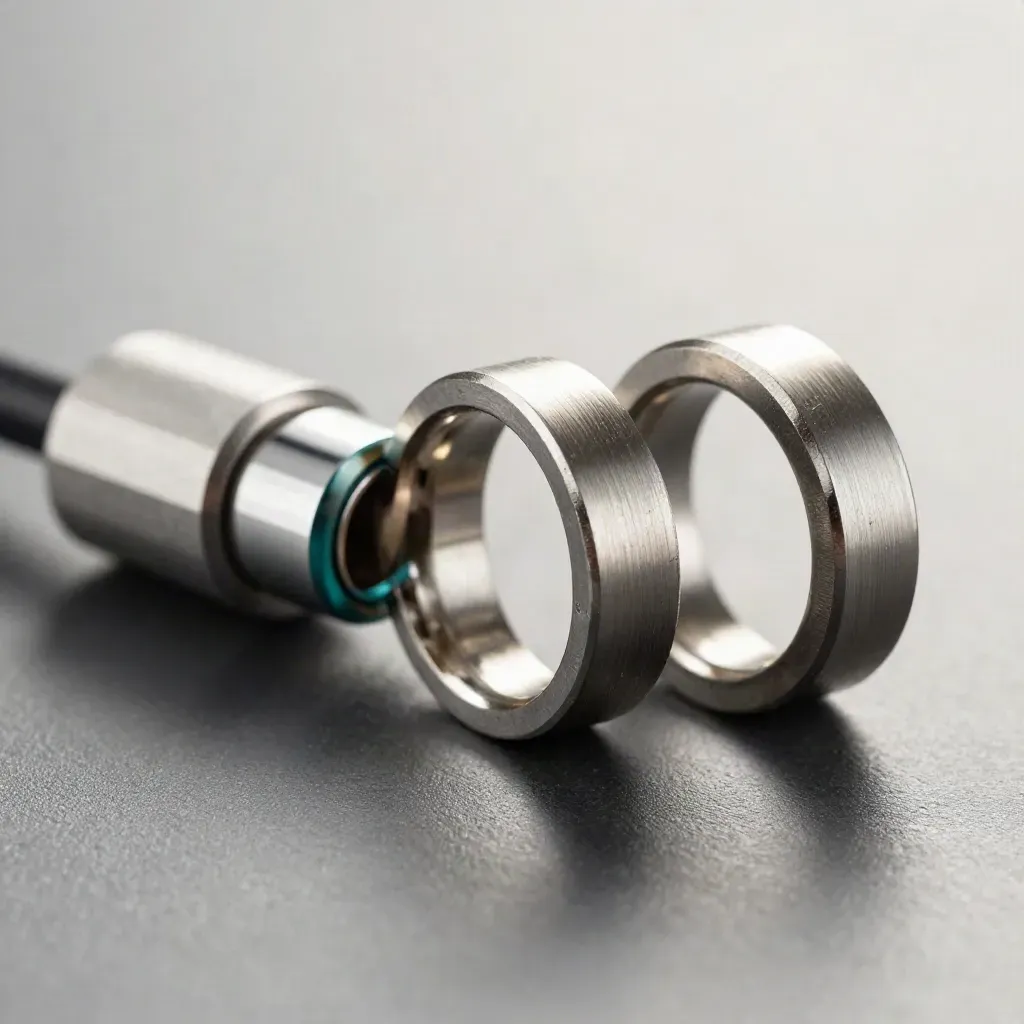 Macroshot van gekoppelde metalen ringen en een kabelkoppeling op een grafieten ondergrond.