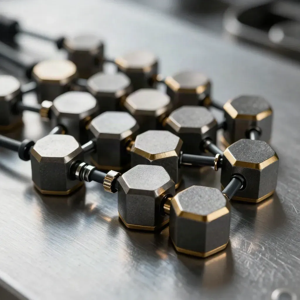 Glanzende metalen schakels en kabel in een compact netwerk op geborsteld staal.